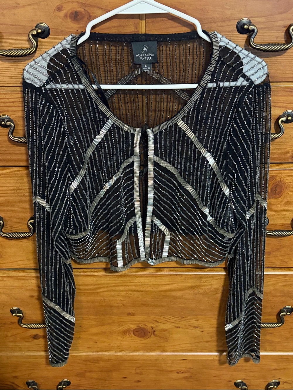 Adrianna Papell Black and Silver Beaded Cropped Long Sleeve Top